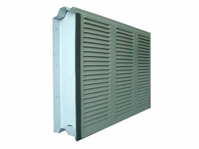 A piece of perforated aluminum sound  barrier with louver holes pattern.