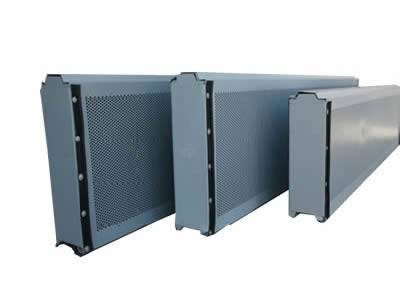 Three pieces of perforated aluminum sound barrier with round micro holes pattern.