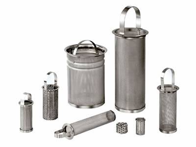 Basket shaped perforated filter elements have different sizes and materials.