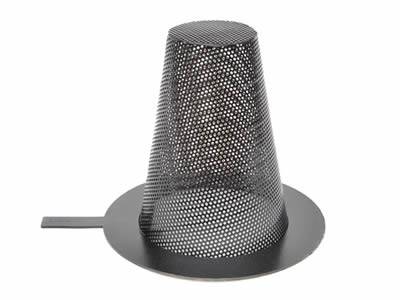 A conical perforated filter element with flat bottom.