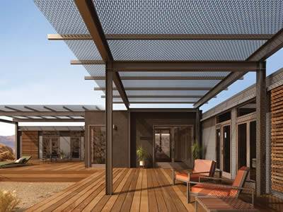 There is a black perforated sunshade panel with small meshes on the roof.