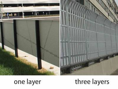 Perforated aluminum metal sound barrier has one-layer and three-layers types.